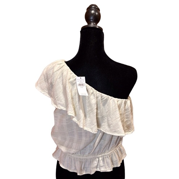 American Eagle Outfitters Ruffle One Shoulder L.Green/Cream Blouse Size-M NWT - Picture 3 of 9